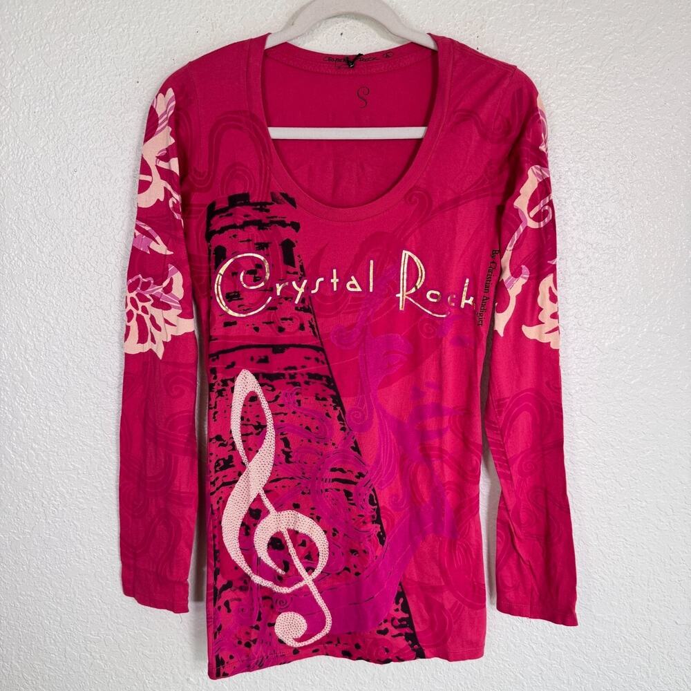 Christian Audigier Y2K Shirt Womens Small Crystal Rock Rhinestone Music Note NEW